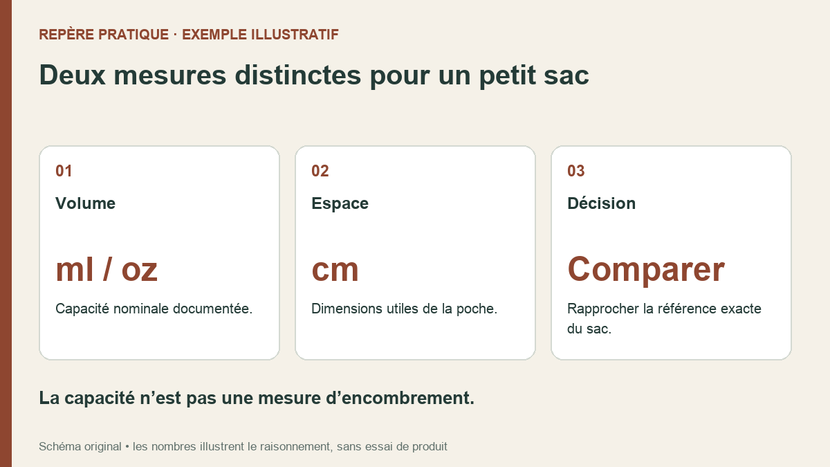 Comparaison visuelle des deux données séparées : capacité nominale, espace mesuré, puis rapprochement avec la référence.